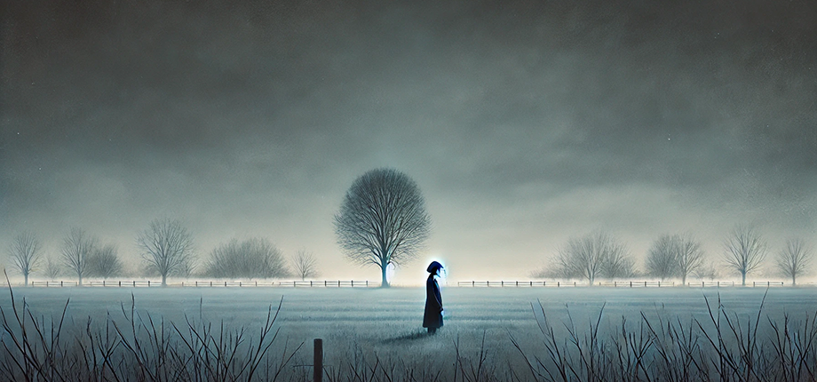 In Waiting - A figure stands alone in a misty field, facing an ethereal glowing tree